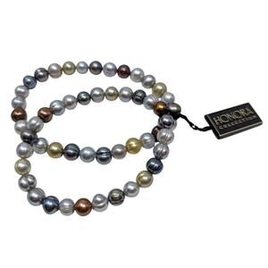 Honora Multicolor Freshwater Pearl Stretch Bracelets Set w/ Box & Silk Pouch